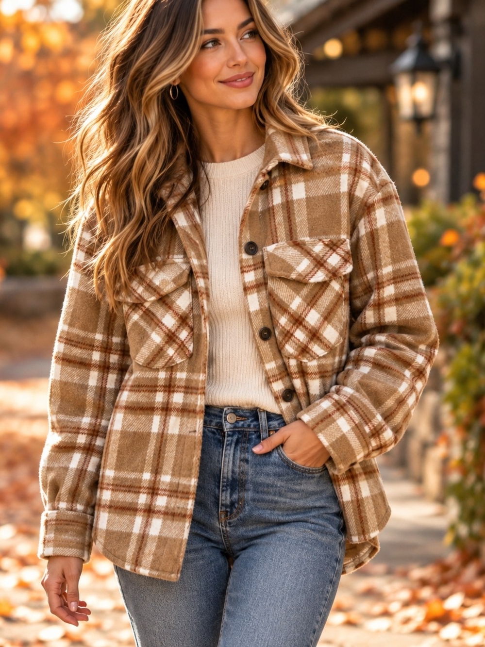 Women's Brown Plaid Shacket Jacket Love Tree Size Small